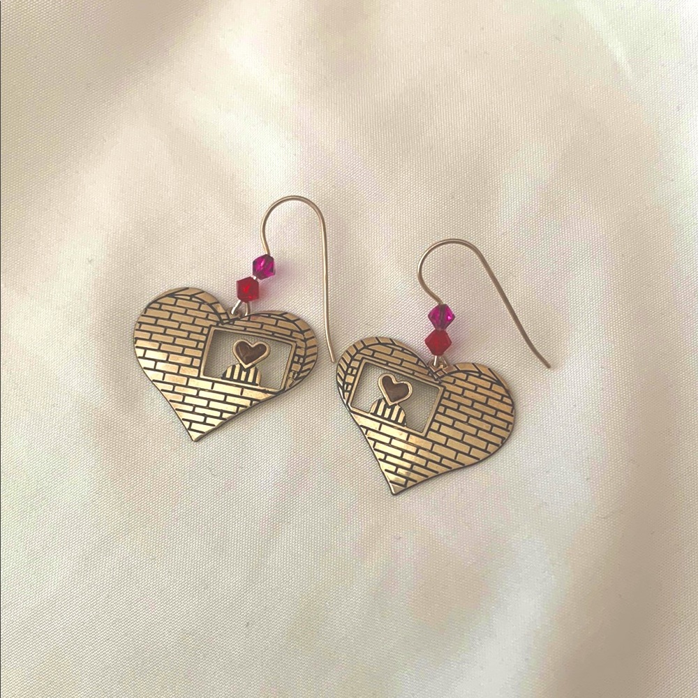 Vintage Gold Brick House & Pink Crystal Heart Shaped Dangle Drop Earrings